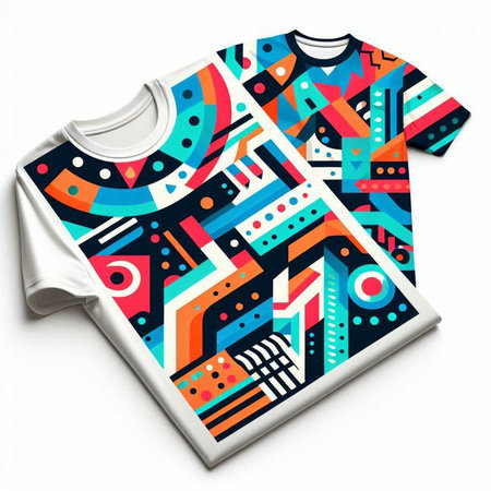 T-shirt with colorful pattern on white background. 3d illustrationのイラスト素材