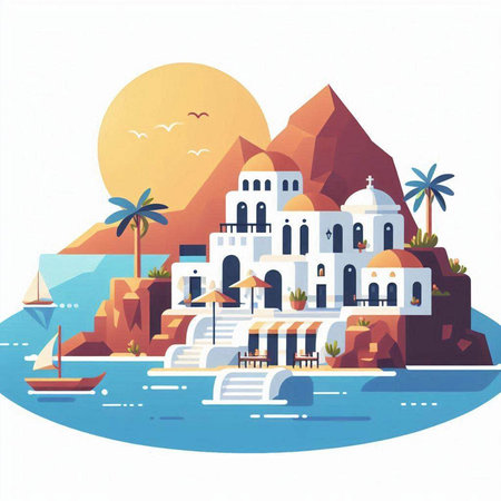 Vector illustration of Santorini island, Greece. Flat style.のイラスト素材