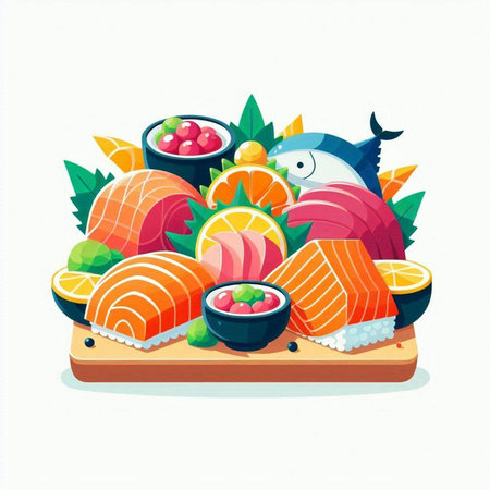 Sushi vector illustration. Sushi nigiri, salmon, tuna, caviar, shrimp, salmon, seaweed, avocado, red caviarのイラスト素材