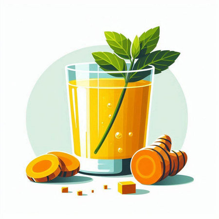 Glass of fresh smoothie with turmeric, mint leaves and honey. Detox drink. Vector illustrationのイラスト素材