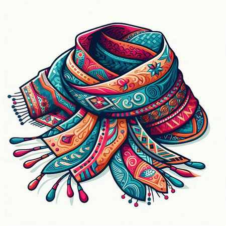 Vector hand drawn ornamental scarf. Boho style. Colorful illustration.のイラスト素材