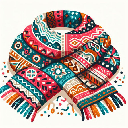 Vector illustration of colorful knitted scarf with ethnic ornaments.のイラスト素材
