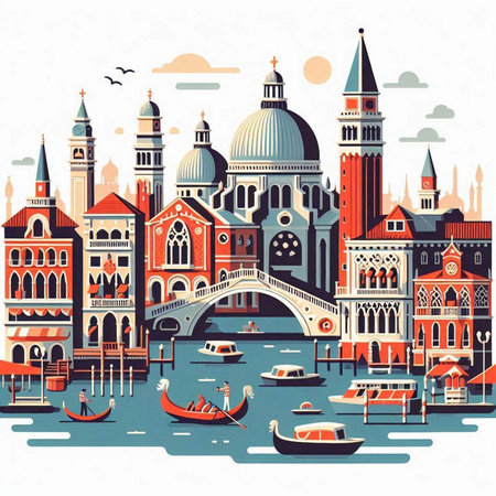 Venice, Italy cityscape with gondolas, vector illustrationのイラスト素材