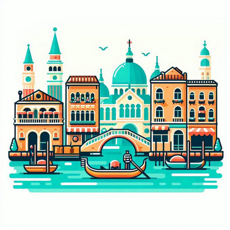 Venice, Italy. Colorful vintage vector illustration with gondola on the canalのイラスト素材