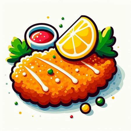 Fried fish fillet with lemon and sauce. Vector illustration.のイラスト素材