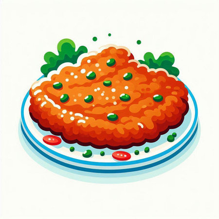 Illustration of a plate of fish cake with green peas and ketchupのイラスト素材