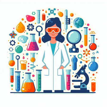 Scientist woman in chemical laboratory. Vector illustration in flat style.のイラスト素材