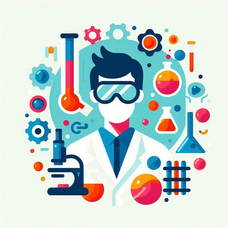 Scientist in laboratory. Vector illustration in flat design style with icons.のイラスト素材