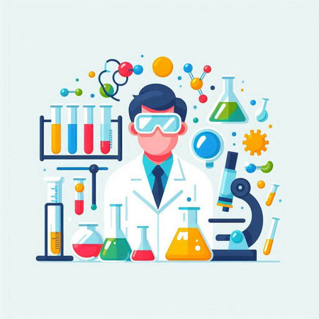 Scientist in laboratory. Vector illustration in flat style. Research and development.のイラスト素材