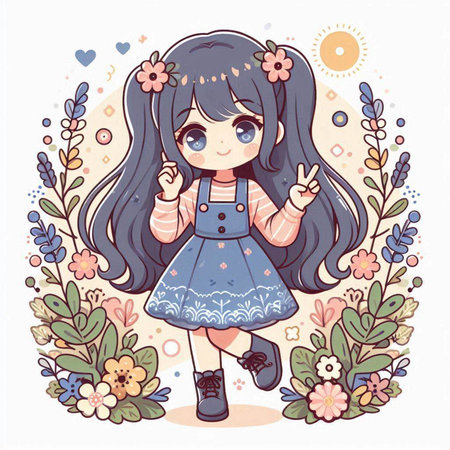 Cute little girl with long hair and flowers. Vector illustration.のイラスト素材