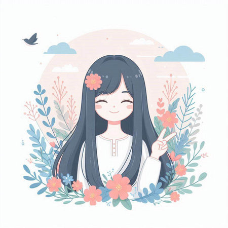 Girl with long hair and flowers. Vector illustration in a flat style.のイラスト素材
