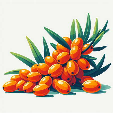 Sea-buckthorn berries with green leaves. Vector illustration.のイラスト素材