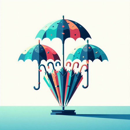 illustration of colorful umbrella with pencils in the sky, vector illustrationのイラスト素材