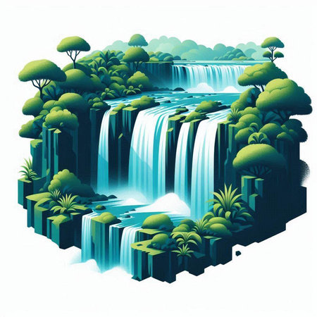 Waterfall in the jungle with trees and bushes. Vector illustration.のイラスト素材