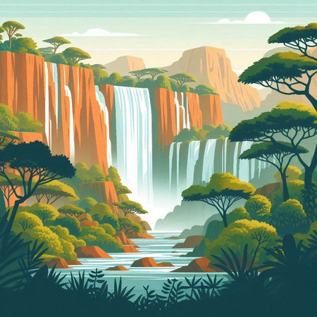 Waterfall in the savannah of Africa. Vector illustration in retro styleのイラスト素材