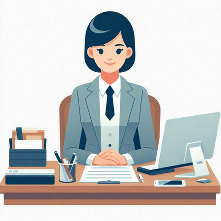 Young businesswoman sitting at the desk in the office, vector illustrationのイラスト素材
