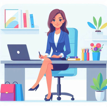 Businesswoman working in office. Vector illustration in flat cartoon style.のイラスト素材