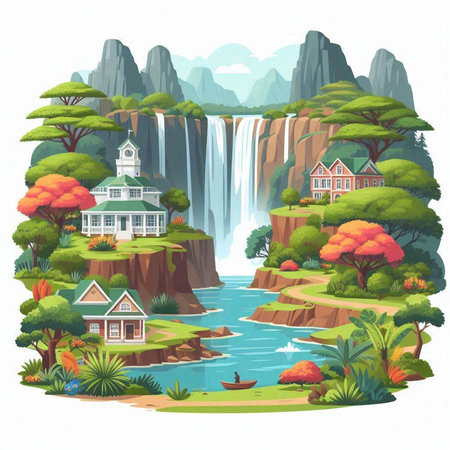 Waterfall with a house and a boat on the river. Vector illustrationのイラスト素材