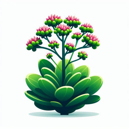 Illustration of a green plant with pink flowers on a white backgroundのイラスト素材