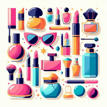 Set of colorful decorative cosmetics. Vector illustration in flat cartoon style.のイラスト素材
