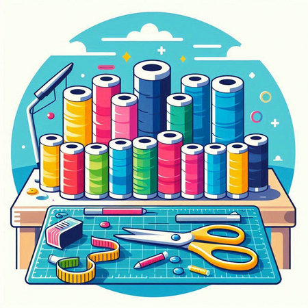 Sewing tools on the table. Vector illustration in cartoon style.のイラスト素材