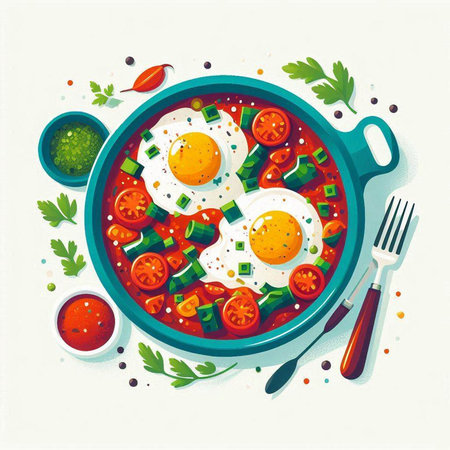 Fried eggs in a frying pan with vegetables and spices. Vector illustration.のイラスト素材