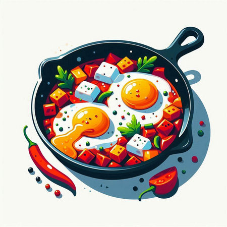 Fried eggs with vegetables in a frying pan, vector illustration.のイラスト素材