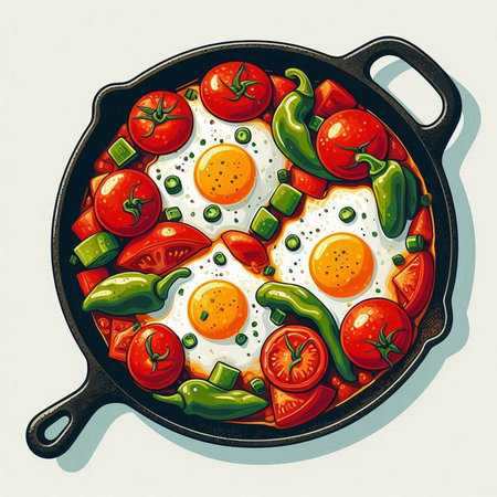 Illustration of fried eggs in a cast-iron pan with vegetablesのイラスト素材