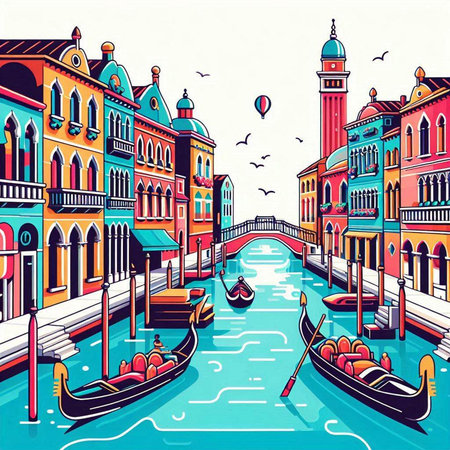 Venice Grand Canal with gondolas. Italy. Vector illustrationのイラスト素材