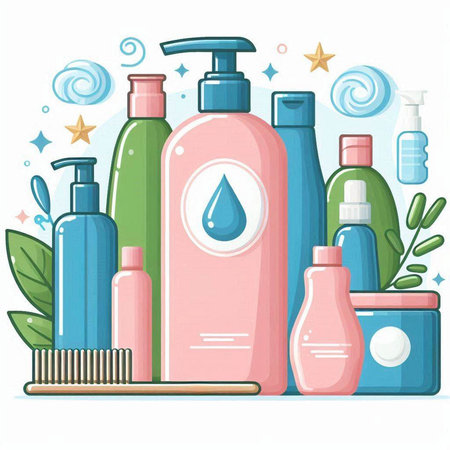 Vector illustration of bottles of shampoo, shower gel, liquid soap, shower gel.のイラスト素材