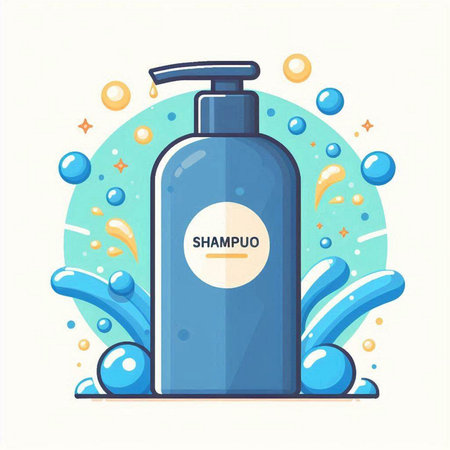 Vector illustration of a bottle of shampoo with bubbles on a white background.のイラスト素材