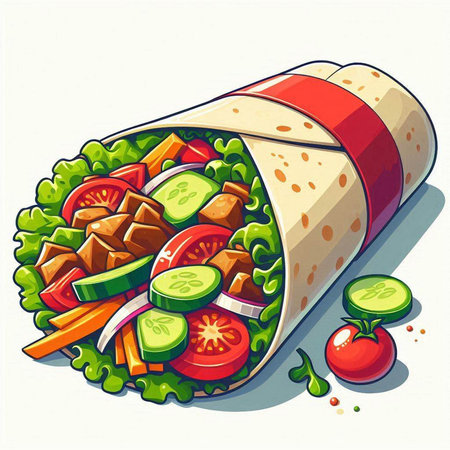Tortilla wrap with fresh vegetables and meat. Vector illustration.のイラスト素材