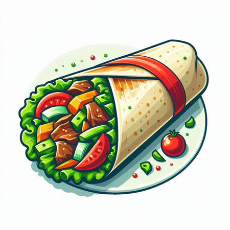 Illustration of a tortilla wrap with meat and vegetables on a white backgroundのイラスト素材