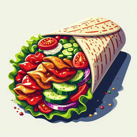 Tortilla wrap with meat and vegetables. Vector illustration of fast food.のイラスト素材