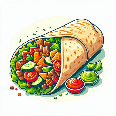 Tortilla with meat, vegetables and sauce. Vector illustration.のイラスト素材