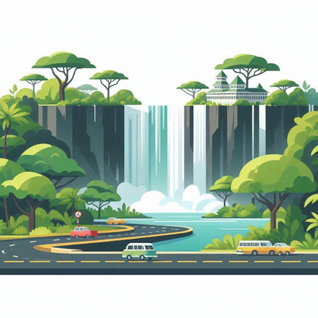 Vector illustration of a city landscape with a road, a bridge and a waterfallのイラスト素材