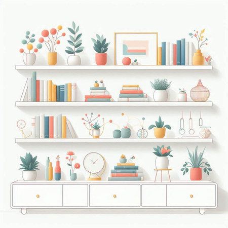 Vector illustration of bookshelves with plants and decorations on white backgroundのイラスト素材