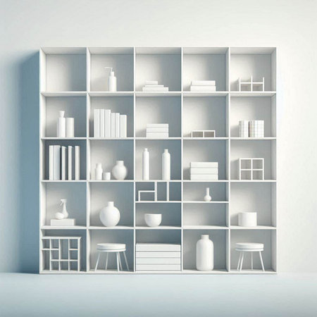 3d rendered bookshelves with books and decorations in white interiorのイラスト素材