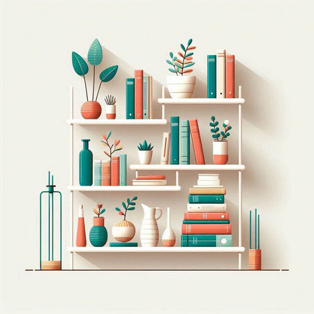 Bookshelf with books, vases and plants. Vector illustration.のイラスト素材