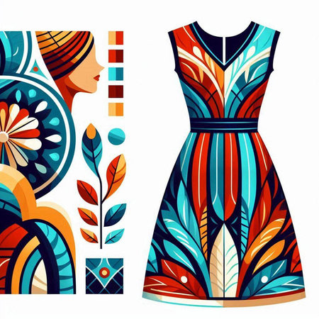 Fashion illustration of beautiful woman in colorful dress. Vector illustration.のイラスト素材