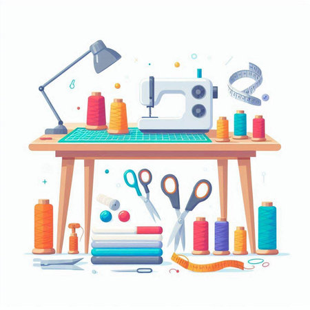 Sewing workshop equipment. Sewing machine, scissors, thread, pins, needles, measuring tape, scissors. Vector flat illustrationのイラスト素材