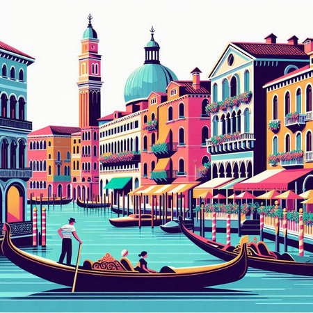 Gondola on the Grand Canal, Venice, Italy. Vector illustrationのイラスト素材