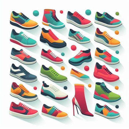 Set of colorful sneakers isolated on white background. Flat style vector illustration.のイラスト素材