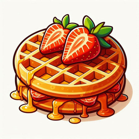 Waffles with strawberries and syrup on a white background. Vector illustration.のイラスト素材