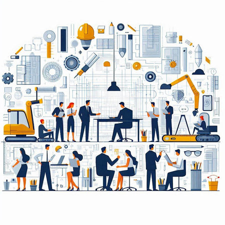 Vector illustration of people working in office. Architectural project, architect, engineer, engineer, architect, engineer, builder, architect, engineer, architect, engineer, engineer, construction, buildingのイラスト素材