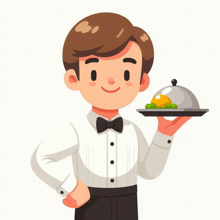 Waiter with a tray of food. Vector illustration in cartoon style.のイラスト素材