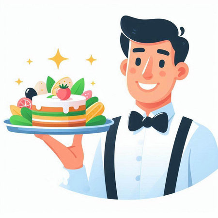 Waiter holding a tray with a cake. Vector illustration in cartoon styleのイラスト素材