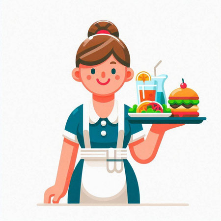 Waitress holding a tray of food. Vector illustration in cartoon style.のイラスト素材