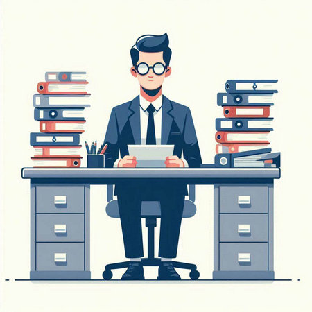 Businessman sitting at his desk in office and working on laptop. Vector illustration.のイラスト素材