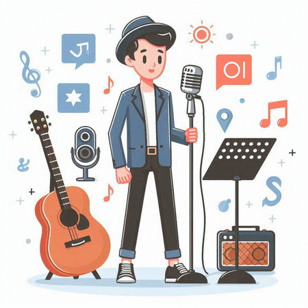 Young man in a hat with a microphone and guitar. Vector illustration.のイラスト素材
